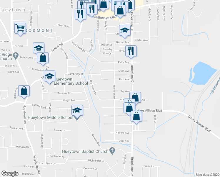 map of restaurants, bars, coffee shops, grocery stores, and more near 206 Ivy Avenue in Hueytown