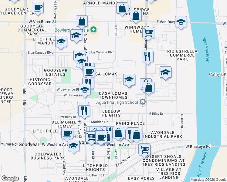 map of restaurants, bars, coffee shops, grocery stores, and more near 605 North 4th Street in Avondale