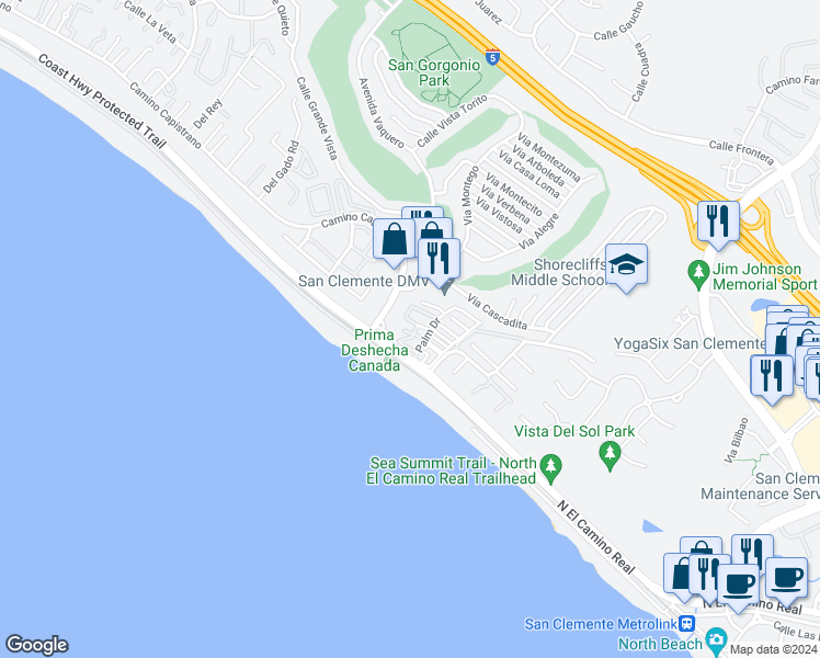 map of restaurants, bars, coffee shops, grocery stores, and more near 106 Pacific Drive in San Clemente