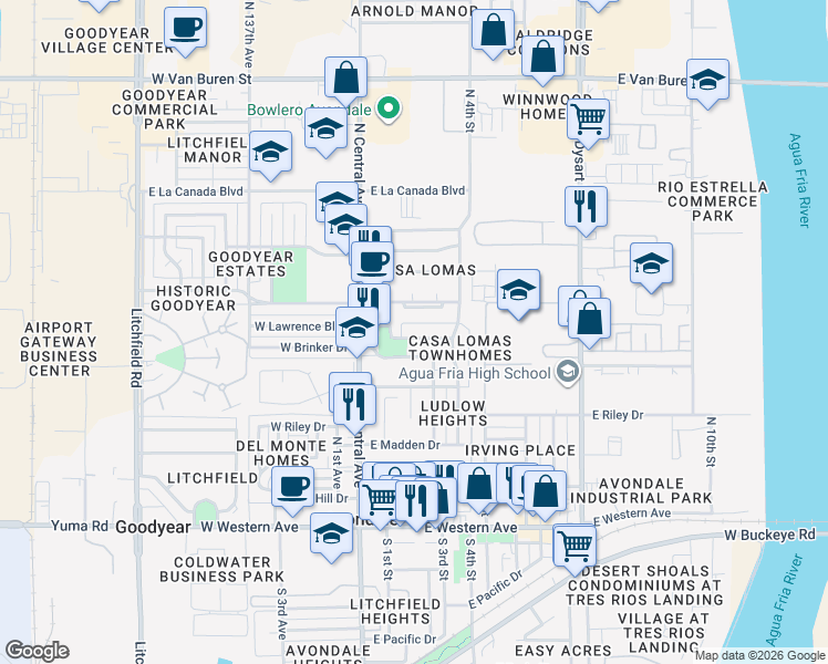 map of restaurants, bars, coffee shops, grocery stores, and more near 202 East Lawrence Boulevard in Avondale