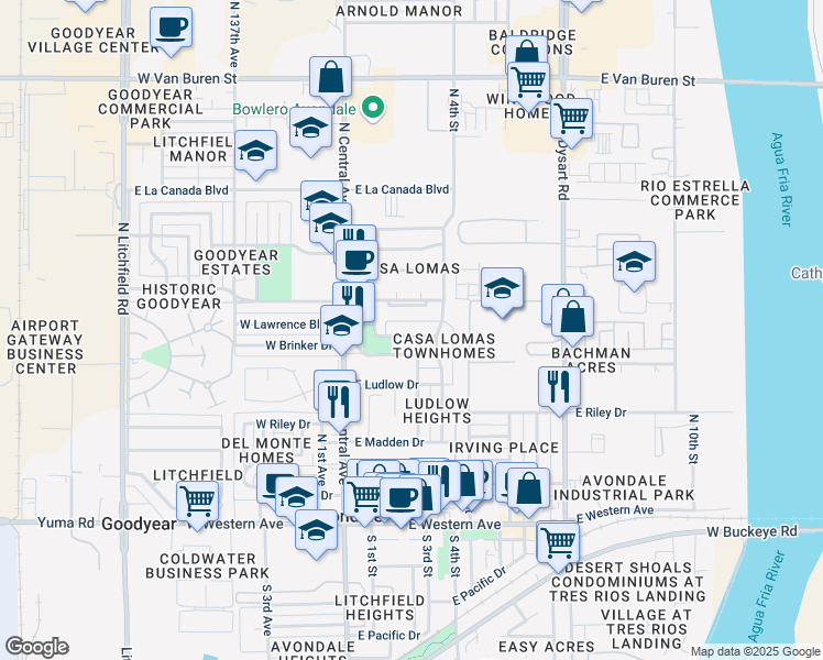map of restaurants, bars, coffee shops, grocery stores, and more near 206 East Lawrence Boulevard in Avondale