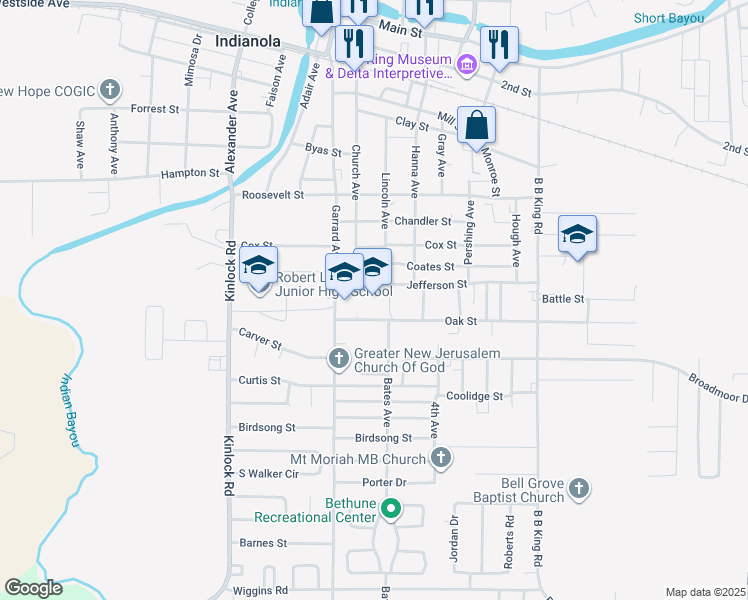 map of restaurants, bars, coffee shops, grocery stores, and more near 404 Jefferson Street in Indianola