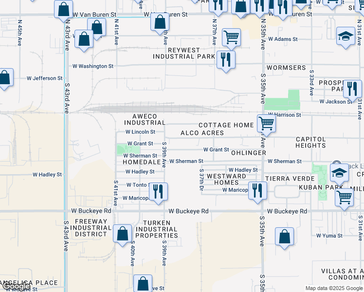 map of restaurants, bars, coffee shops, grocery stores, and more near 3807 West Grant Street in Phoenix