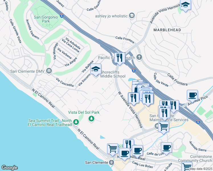 map of restaurants, bars, coffee shops, grocery stores, and more near 161 Via Murcia in San Clemente