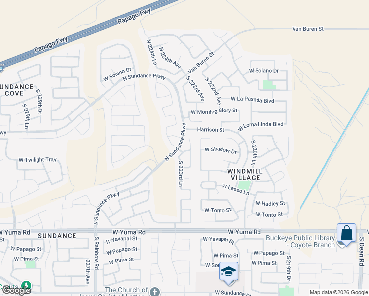 map of restaurants, bars, coffee shops, grocery stores, and more near 661 South 223rd Lane in Buckeye