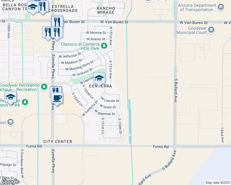 map of restaurants, bars, coffee shops, grocery stores, and more near 15072 West Buchanan Street in Goodyear
