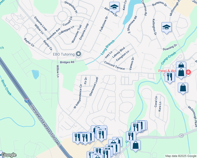 map of restaurants, bars, coffee shops, grocery stores, and more near 182 Sherwood Loop in McDonough