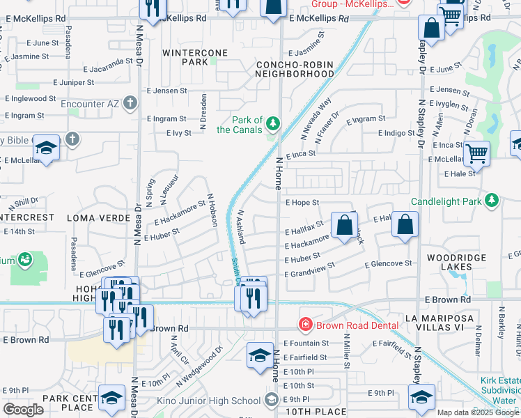 map of restaurants, bars, coffee shops, grocery stores, and more near 1434 North Bellview in Mesa