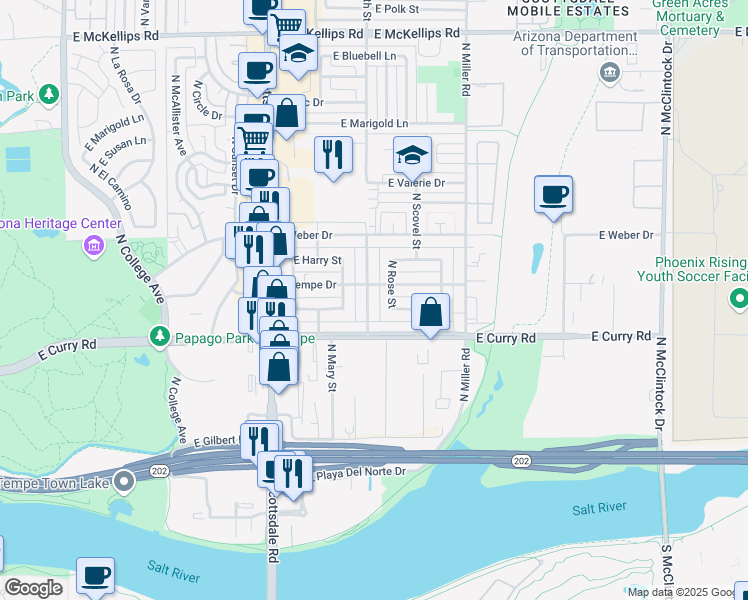 map of restaurants, bars, coffee shops, grocery stores, and more near 1018 North Harold Street in Tempe