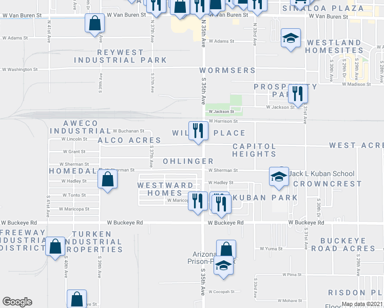 map of restaurants, bars, coffee shops, grocery stores, and more near 3515 West Grant Street in Phoenix