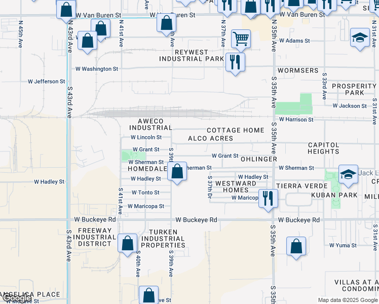 map of restaurants, bars, coffee shops, grocery stores, and more near 3807 West Grant Street in Phoenix