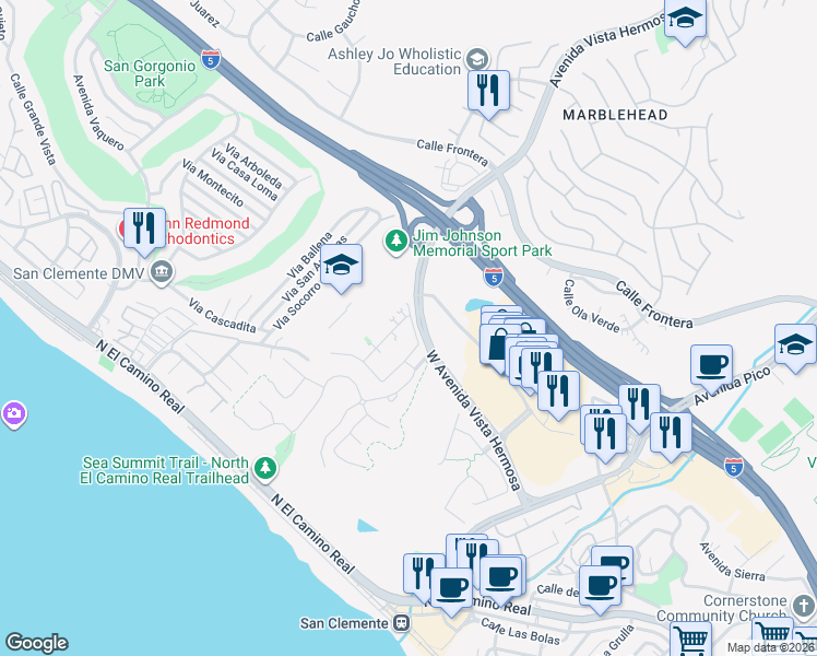 map of restaurants, bars, coffee shops, grocery stores, and more near 102 Via Murcia in San Clemente