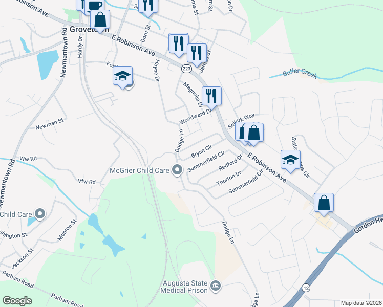 map of restaurants, bars, coffee shops, grocery stores, and more near 150 Summerfield Circle in Grovetown