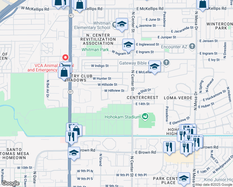 map of restaurants, bars, coffee shops, grocery stores, and more near 1447 North Coleman Circle in Mesa