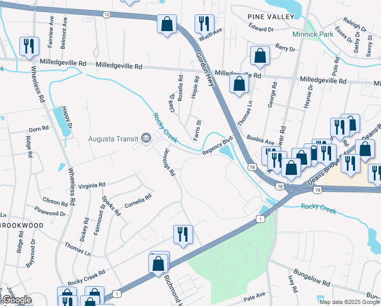 map of restaurants, bars, coffee shops, grocery stores, and more near 2417 Regency Boulevard in Augusta
