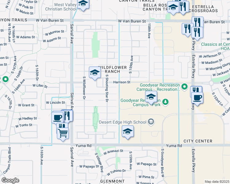 map of restaurants, bars, coffee shops, grocery stores, and more near 16058 West Lincoln Street in Goodyear