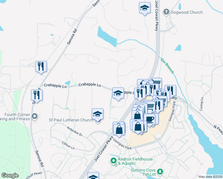 map of restaurants, bars, coffee shops, grocery stores, and more near 464 Crabapple Lane in Peachtree City