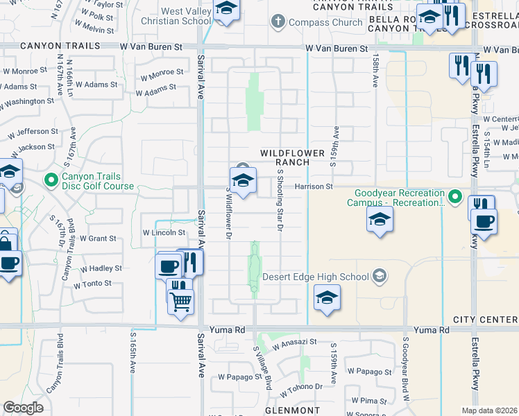 map of restaurants, bars, coffee shops, grocery stores, and more near 16128 West Lincoln Street in Goodyear