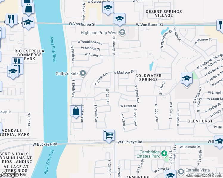 map of restaurants, bars, coffee shops, grocery stores, and more near 249 South 123rd Drive in Avondale