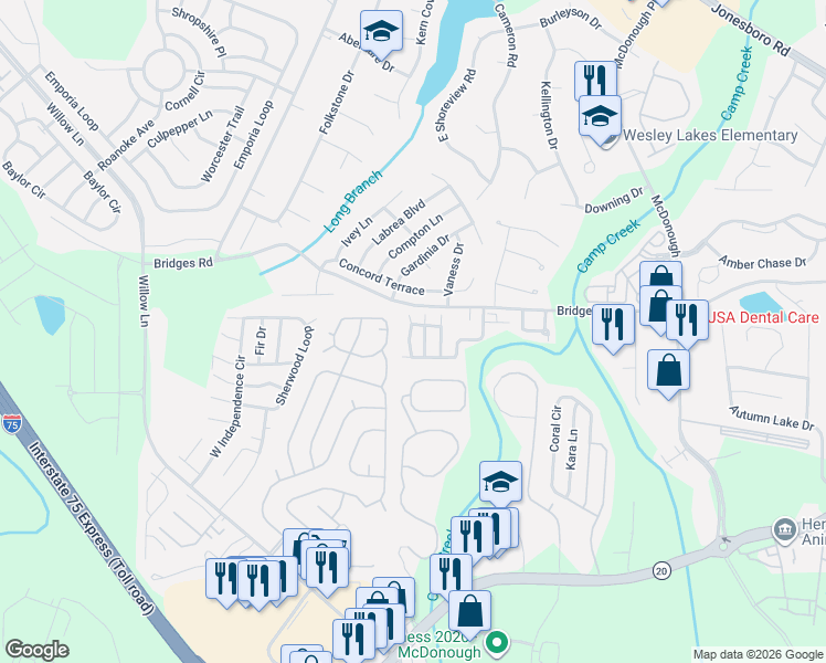 map of restaurants, bars, coffee shops, grocery stores, and more near 628 Stadler Pointe in McDonough