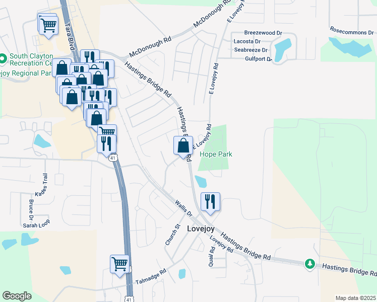 map of restaurants, bars, coffee shops, grocery stores, and more near 11598 East Lovejoy Road in Hampton