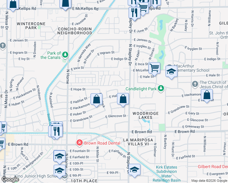 map of restaurants, bars, coffee shops, grocery stores, and more near 1111 East Hope Street in Mesa