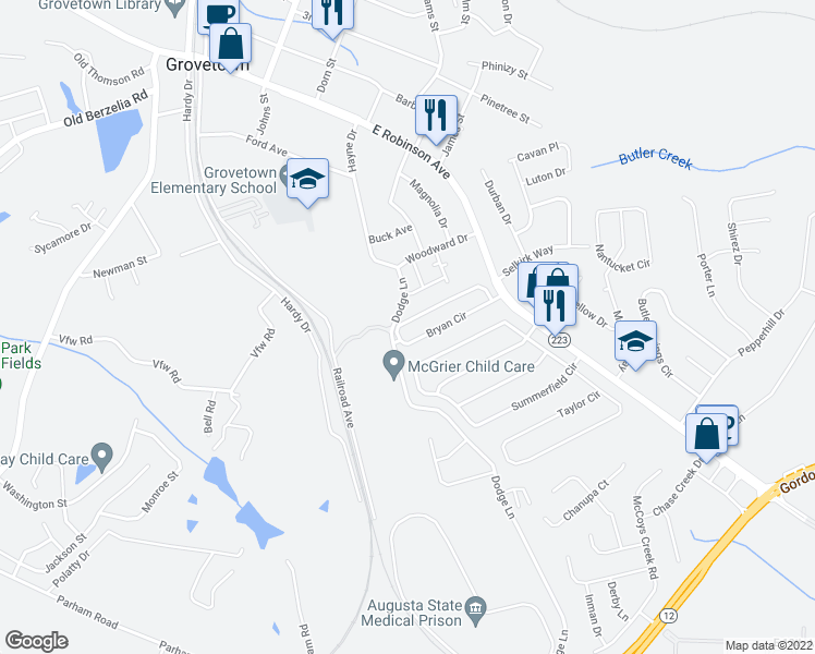 map of restaurants, bars, coffee shops, grocery stores, and more near 856 Bryan Circle in Grovetown