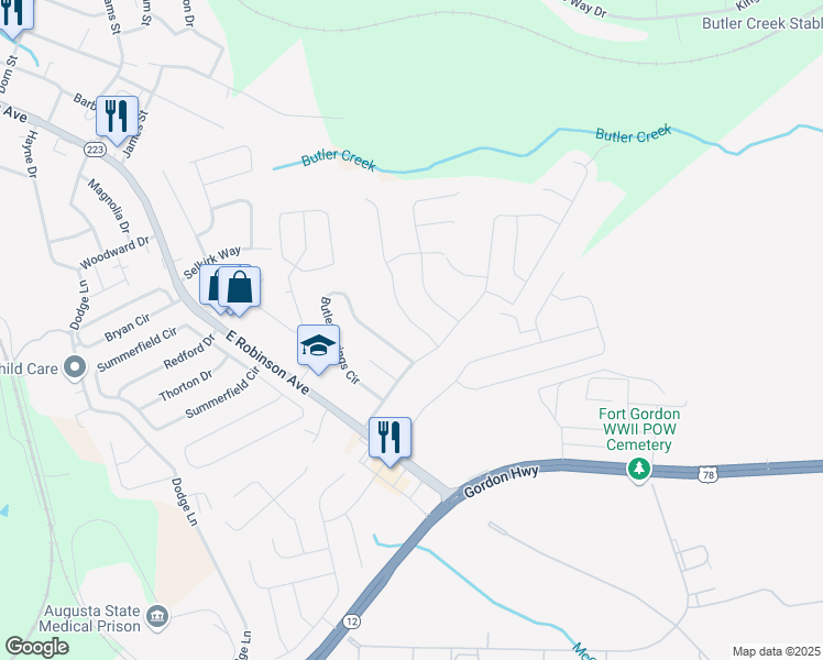 map of restaurants, bars, coffee shops, grocery stores, and more near 708 Porter Lane in Grovetown