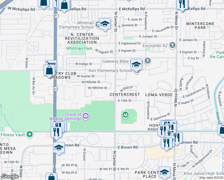 map of restaurants, bars, coffee shops, grocery stores, and more near 5 East Hillside Street in Mesa
