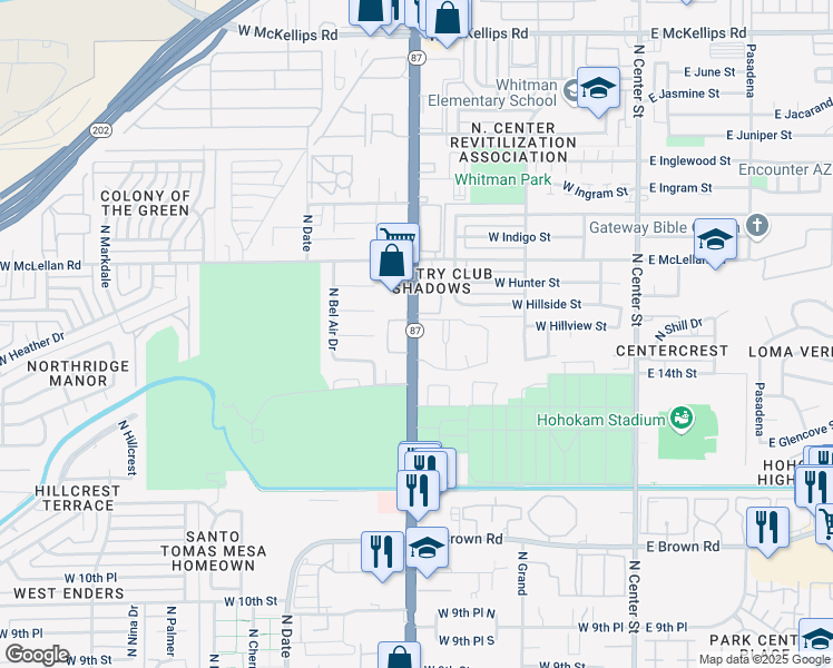 map of restaurants, bars, coffee shops, grocery stores, and more near 2 West Farmstead West in Mesa