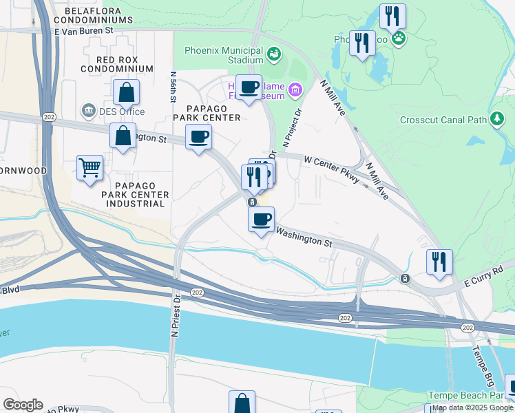 map of restaurants, bars, coffee shops, grocery stores, and more near in Tempe