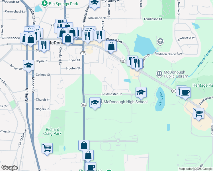 map of restaurants, bars, coffee shops, grocery stores, and more near 202 Columbia Street in McDonough