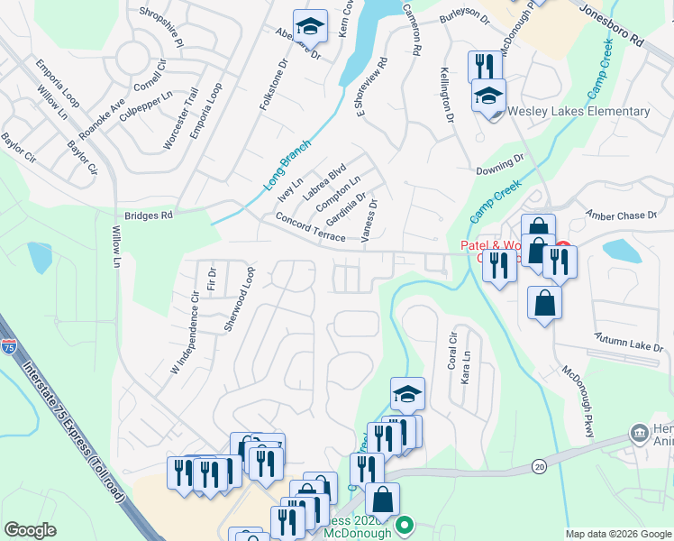 map of restaurants, bars, coffee shops, grocery stores, and more near 628 Stadler Pointe in McDonough