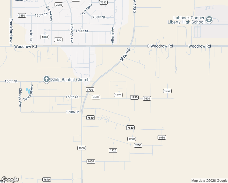 map of restaurants, bars, coffee shops, grocery stores, and more near 16602 County Road 1920 in Lubbock