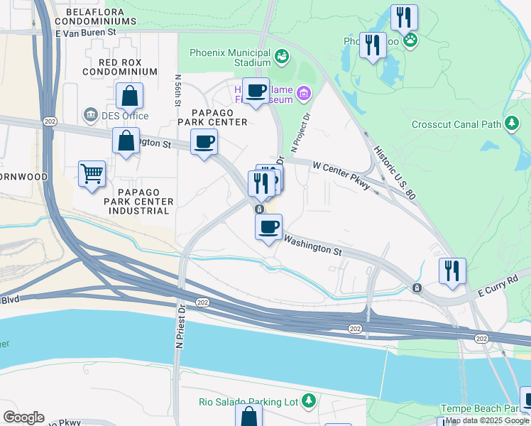 map of restaurants, bars, coffee shops, grocery stores, and more near 1151 West Washington Street in Tempe