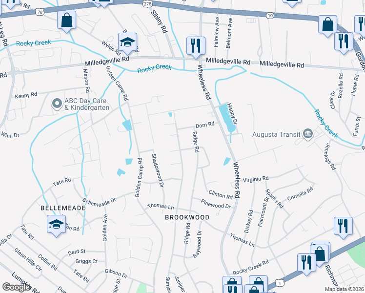map of restaurants, bars, coffee shops, grocery stores, and more near 2324 Sumac Drive in Augusta