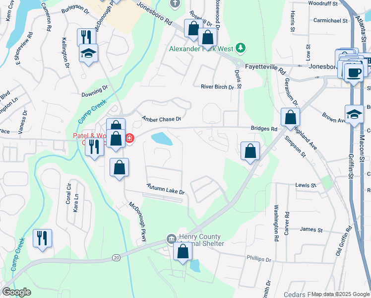 map of restaurants, bars, coffee shops, grocery stores, and more near 122 Lake Terrace in McDonough