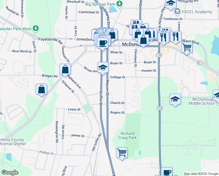 map of restaurants, bars, coffee shops, grocery stores, and more near 212 Macon Street in McDonough