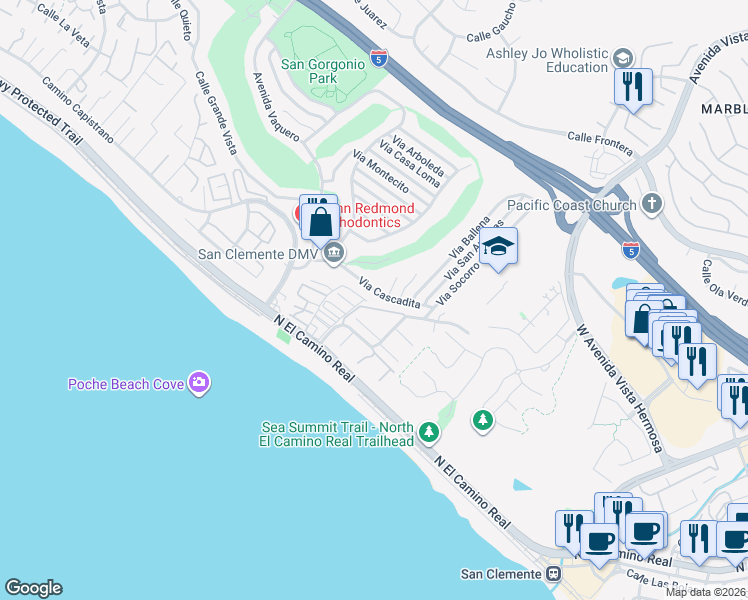 map of restaurants, bars, coffee shops, grocery stores, and more near 2621 Via Cascadita in San Clemente