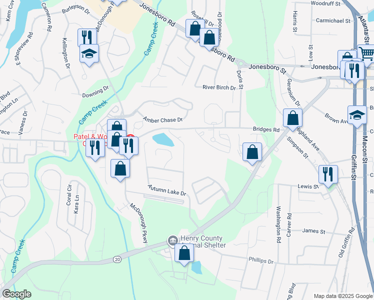 map of restaurants, bars, coffee shops, grocery stores, and more near 122 Lake Terrace in McDonough