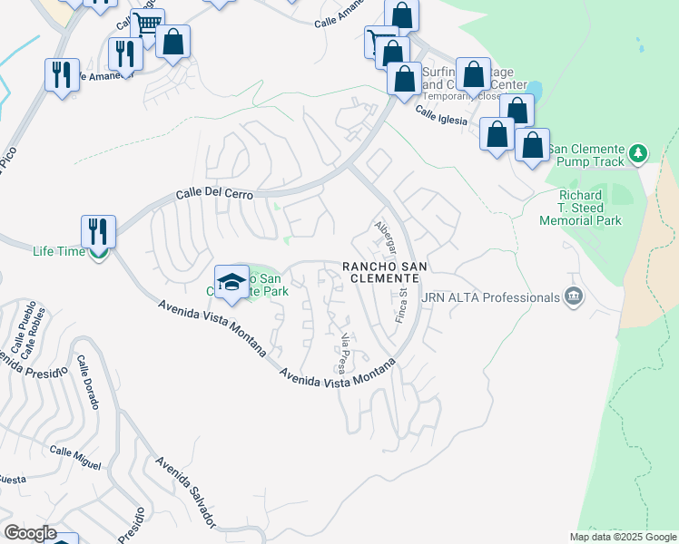 map of restaurants, bars, coffee shops, grocery stores, and more near 1225 Via Presa in San Clemente