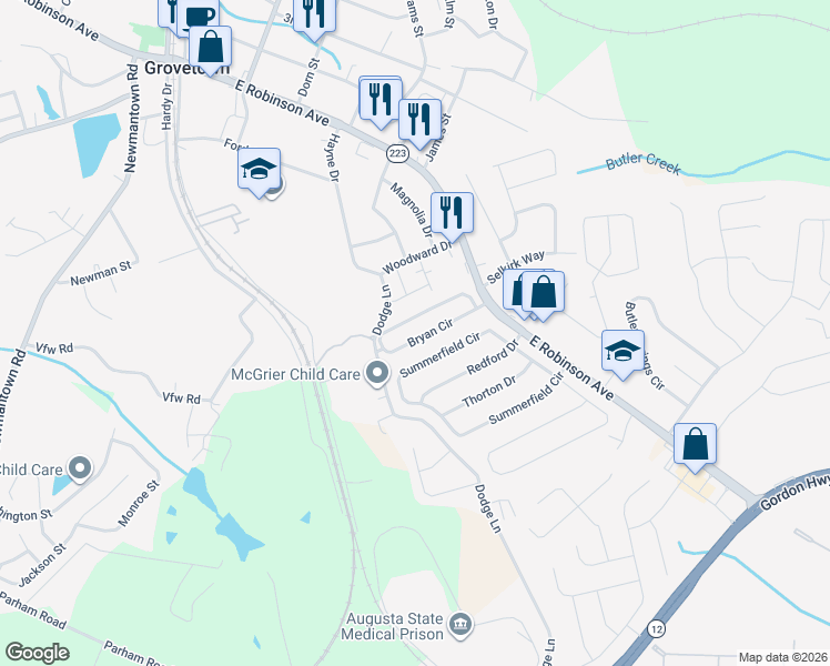 map of restaurants, bars, coffee shops, grocery stores, and more near 839 Bryan Circle in Grovetown