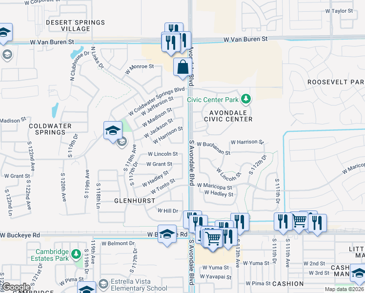 map of restaurants, bars, coffee shops, grocery stores, and more near 321 South 115th Drive in Avondale