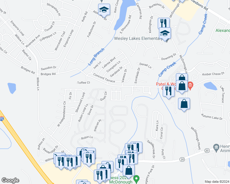 map of restaurants, bars, coffee shops, grocery stores, and more near 533 Epris Lane in McDonough