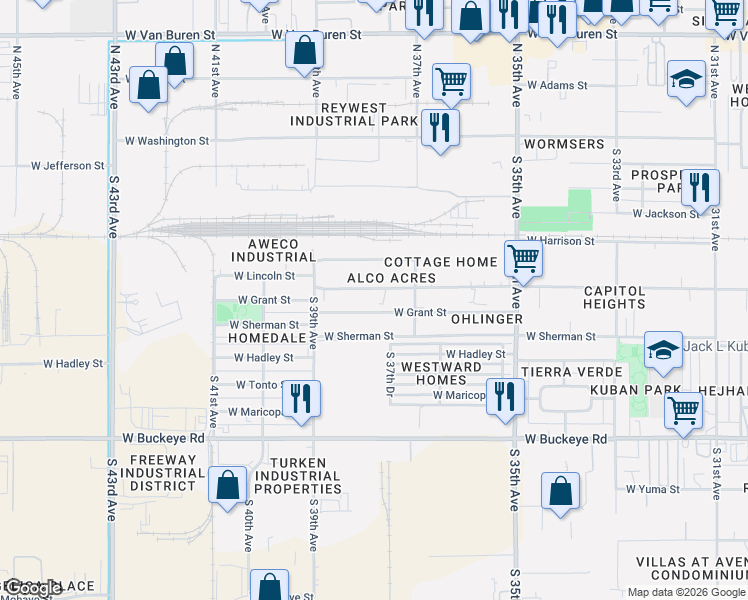 map of restaurants, bars, coffee shops, grocery stores, and more near 3728 West Lincoln Street in Phoenix