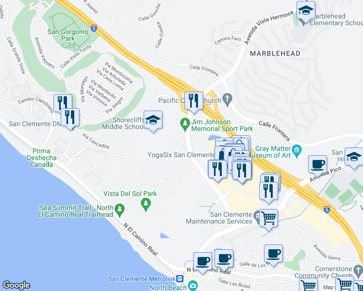 map of restaurants, bars, coffee shops, grocery stores, and more near 120 Avenida Murcia in San Clemente