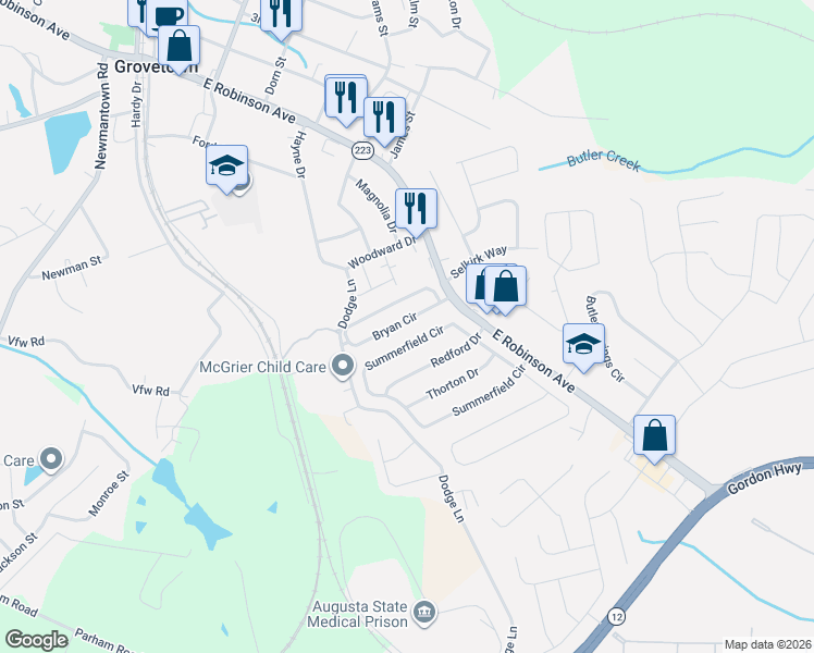 map of restaurants, bars, coffee shops, grocery stores, and more near 924 Bryan Circle in Grovetown