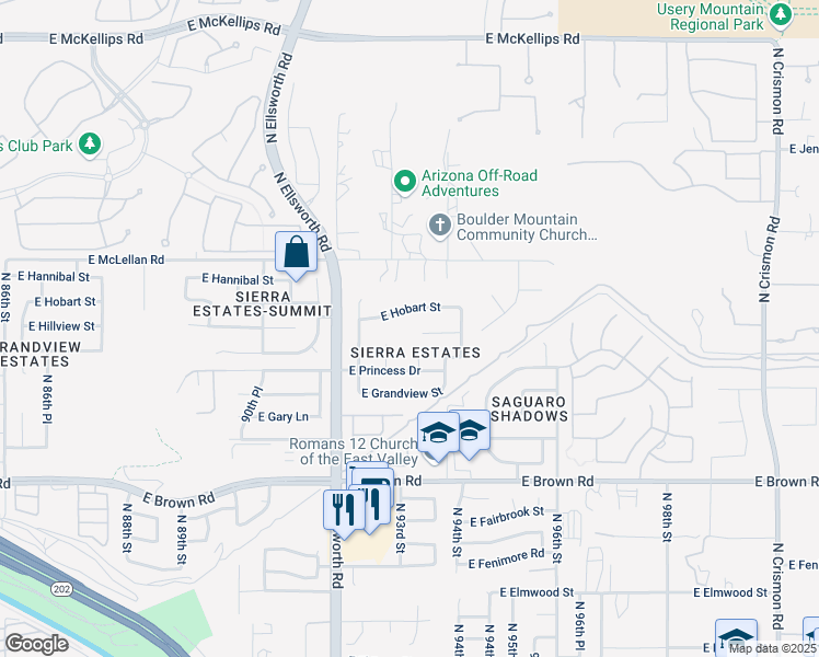 map of restaurants, bars, coffee shops, grocery stores, and more near 9312 East Hobart Street in Mesa