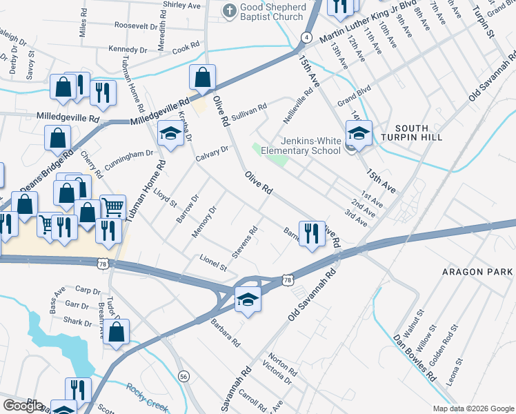 map of restaurants, bars, coffee shops, grocery stores, and more near 1965 Olive Road in Augusta