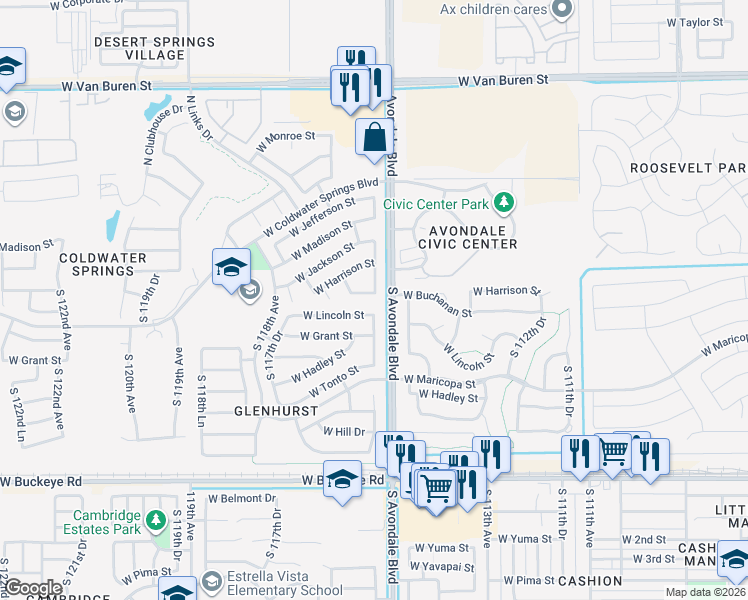 map of restaurants, bars, coffee shops, grocery stores, and more near 11555 West Buchanan Street in Avondale